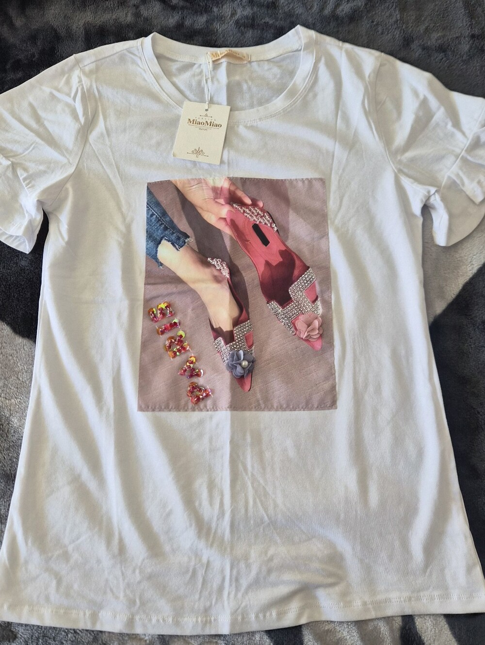 White Graphic Tee with Pink Shoe Print